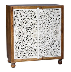 Pine Grove Floral Carved Handmade Indian Furniture Mango Wood 2 Doors Cabinet