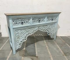 Mehrab Wooden Carved Entryway Console Table (Antique Light Blue)