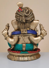 Indian Lord Ganesha Handmade Brass Statue With Inlay Work