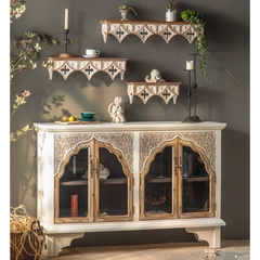 Indian Hand Carved Glass Door Solid Wood Sideboard A2