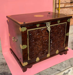 Indian Hand Carved Brass Work Solid Wood Storage Blanket Box C45