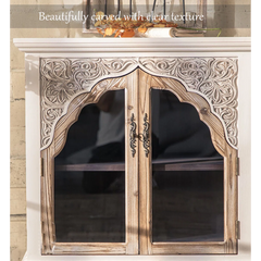 Indian Hand Carved Glass Door Solid Wood Sideboard A2