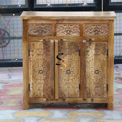 Indian Hand Carved Mango Wood 3 Drawer & 3 Door Cabinet D130