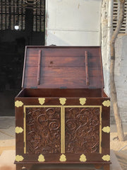 Indian Hand Carved Brass Work Solid Wood Storage Blanket Box C45