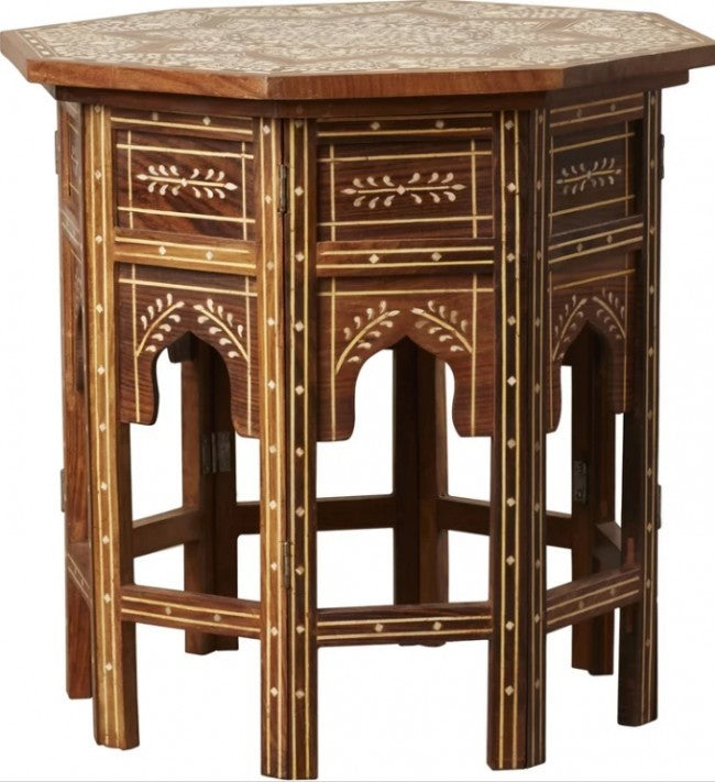 Maaya Bone Inlay Teak Floral Small Arabian Side Table Stool Stand