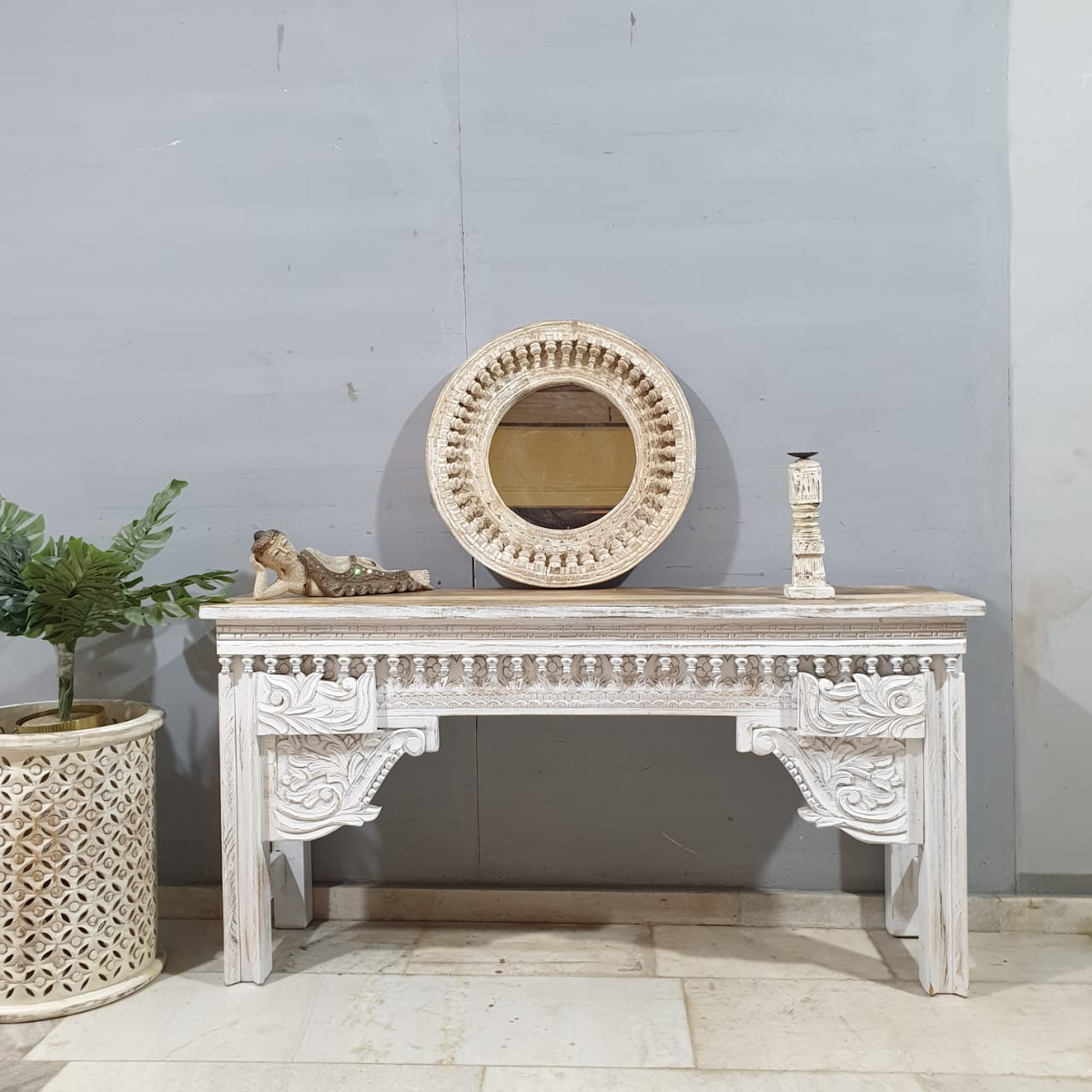 Indian Handmade Carved Wooden Oriental Style Console Hall Table All White 150x40x76Cm