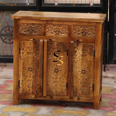 Indian Hand Carved Mango Wood 3 Drawer & 3 Door Cabinet D130