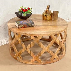 Bristol Hand Carved Indian Mango Wood Round Coffee Table Brown 45x75x75Cm