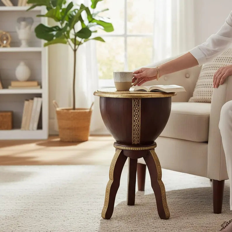 Brass Work Hand Carved Solid Wood Side Table 52