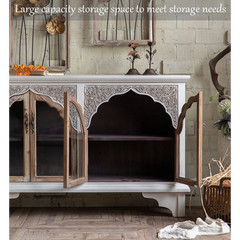Indian Hand Carved Glass Door Solid Wood Sideboard A2