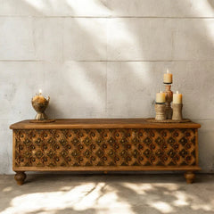 Indian Hand Carved Solid Wood Chest With Brass Inlay Blanket Box C34