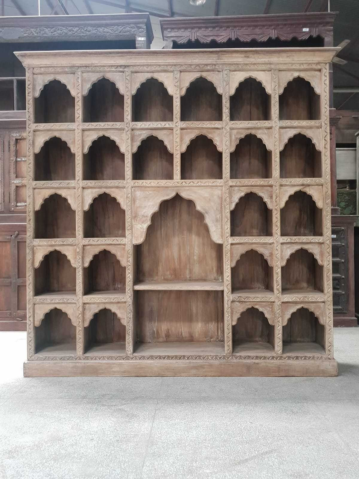 Indian Mehrab Hand Carved Solid Wood Bookshelf Natural 125x45x215cm