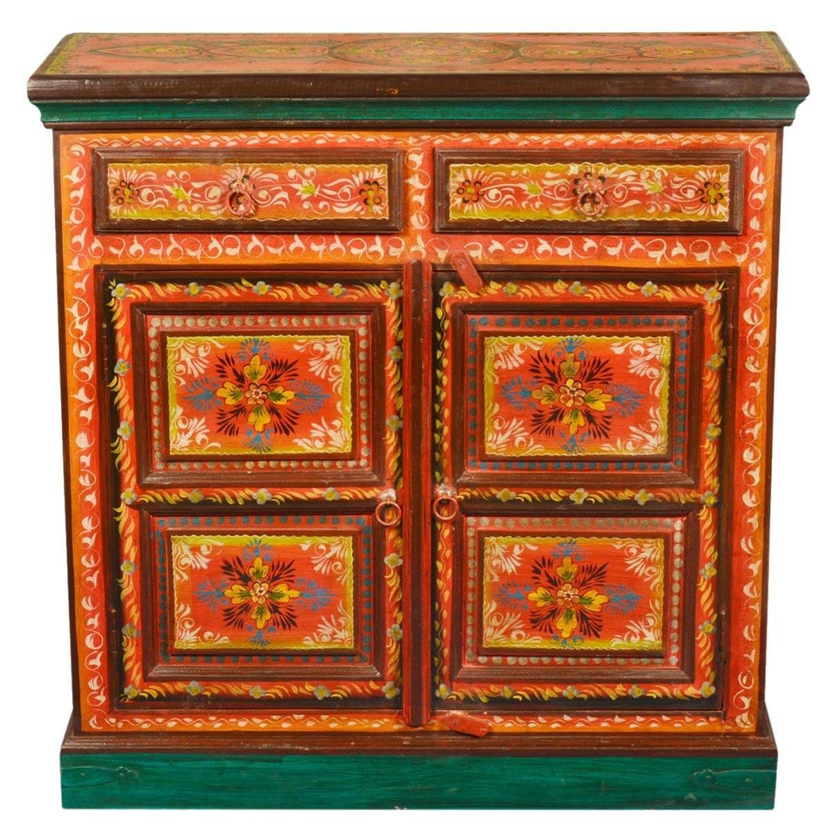 Pandora Hand Painted Indian Solid Wood 2 Drawer Buffet Cabinet Orange