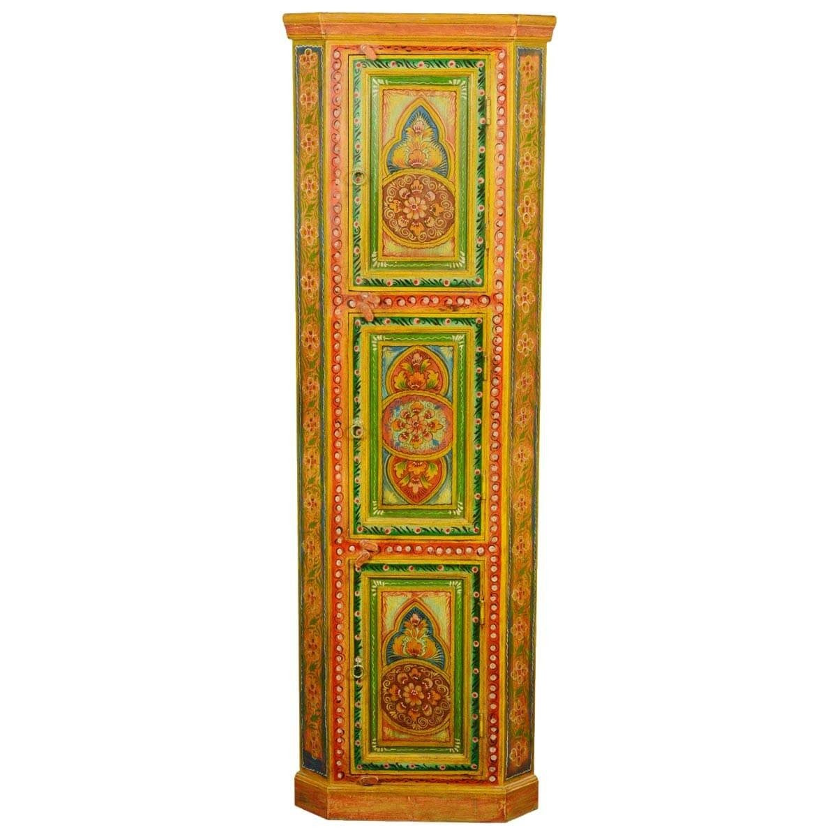 Mughal Garden Indian Solid Wood Hand Painted Corner Display Cabinet