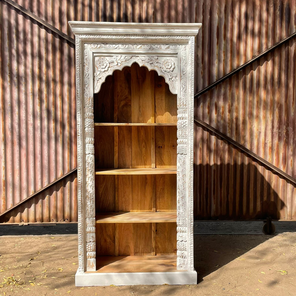 Indian Mehrab Hand Carved Solid Wood Bookshelf White 90X40X180cm