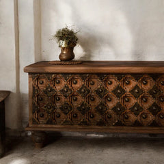 Indian Hand Carved Solid Wood Chest With Brass Inlay Blanket Box C34