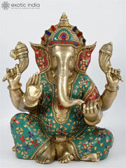 Indian Lord Ganesha Handmade Brass Statue With Colorful Stone Work