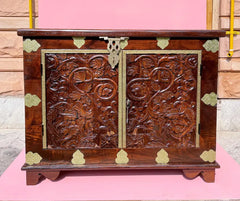 Indian Hand Carved Brass Work Solid Wood Storage Blanket Box C45