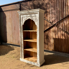 Indian Mehrab Hand Carved Solid Wood Bookshelf White 90X40X180cm