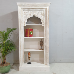 Indian Hand Carved Mehrab Solid Hard Wood White Wash Bookshelf 90X40X180cm