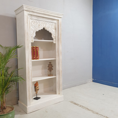 Indian Hand Carved Mehrab Solid Hard Wood White Wash Bookshelf 90X40X180cm