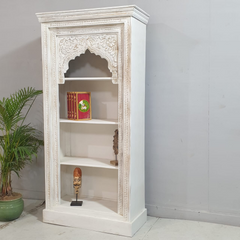 Indian Hand Carved Mehrab Solid Hard Wood White Wash Bookshelf 90X40X180cm