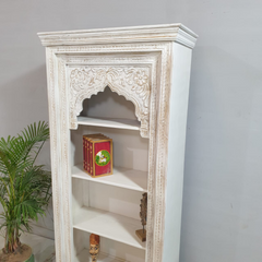 Indian Hand Carved Mehrab Solid Hard Wood White Wash Bookshelf 90X40X180cm