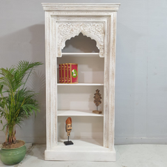 Indian Hand Carved Mehrab Solid Hard Wood White Wash Bookshelf 90X40X180cm