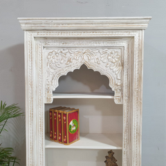 Indian Hand Carved Mehrab Solid Hard Wood White Wash Bookshelf 90X40X180cm