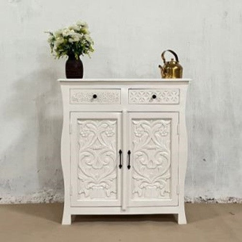 Indian Handmade Carved Solid Hard Wood 2 Door and 2 Drawer Cabinet White 100x40x90Cm