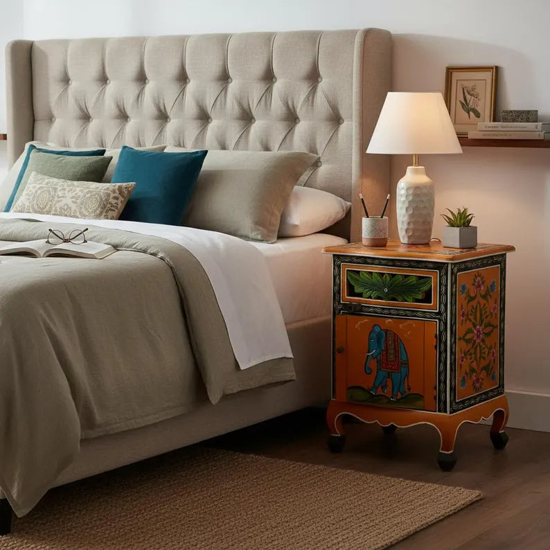 Indian Hand Painted Solid Wood Bedsides Table B4