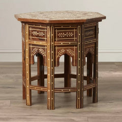 Maaya Bone Inlay Teak Floral Small Arabian Side Table Stool Stand