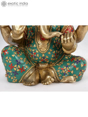 Indian Lord Ganesha Handmade Brass Statue With Colorful Stone Work