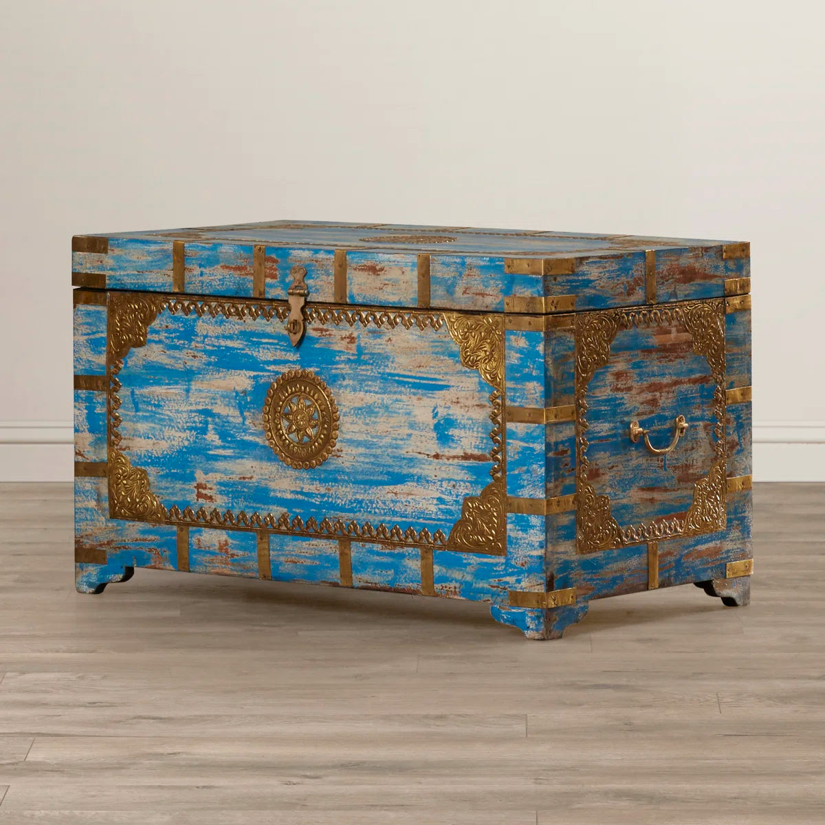 Indian Handmade Solid Wood Brass Fitted Coffee Table with Storage B6