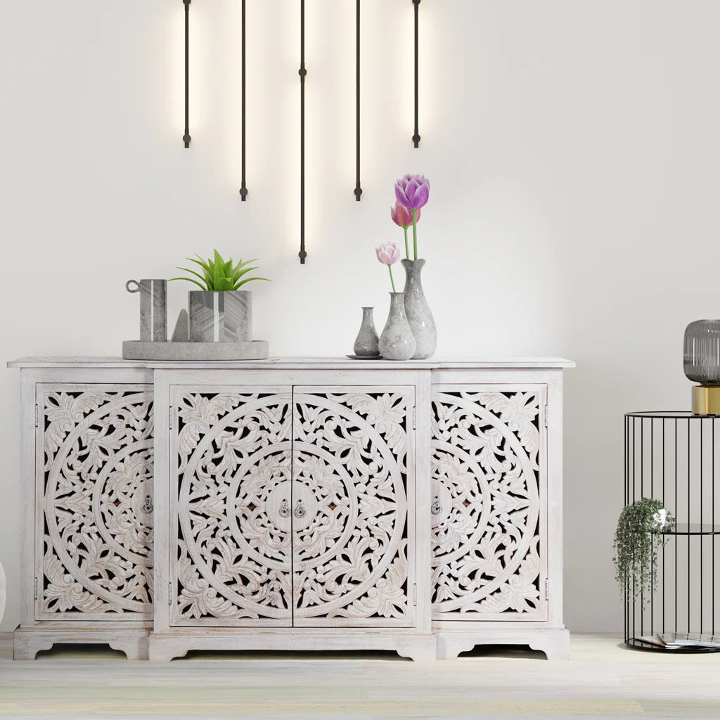 Indian Handmade Solid Wood Carved 4 Doors Sideboard