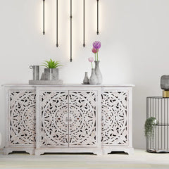 Indian Handmade Solid Wood Carved 4 Doors Sideboard