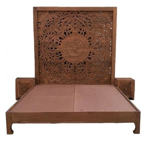 Dynasty Hand Carved Indian Solid Wooden Bed Frame Honey