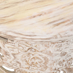 Pine Grove Handcrafted Mango Wood Carved Round Coffee Table Rustic White