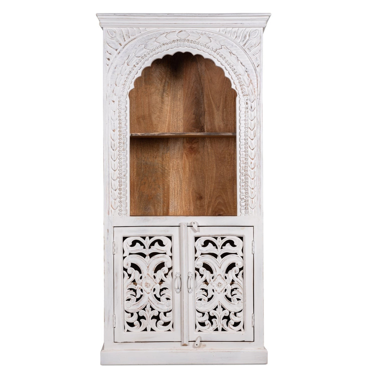 Mehrab Solid Mango Wood Indian Hand Carved Bookshelf White 90x40x180cm  -  