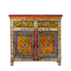 Brush & Timber Handpainted Solid Mango Wood 2 Door 2 Drawers in Multicolor