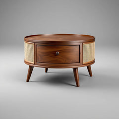 Rattan Elegance Series Solid Wood Round Shape With Rattan Cane Work Coffee Table C106