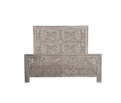 Indian Hand Carved Solid Wood Bed Frame Whitewash 03