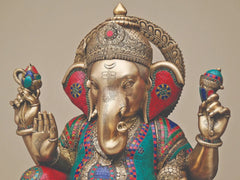 Indian Lord Ganesha Handmade Brass Statue With Inlay Work