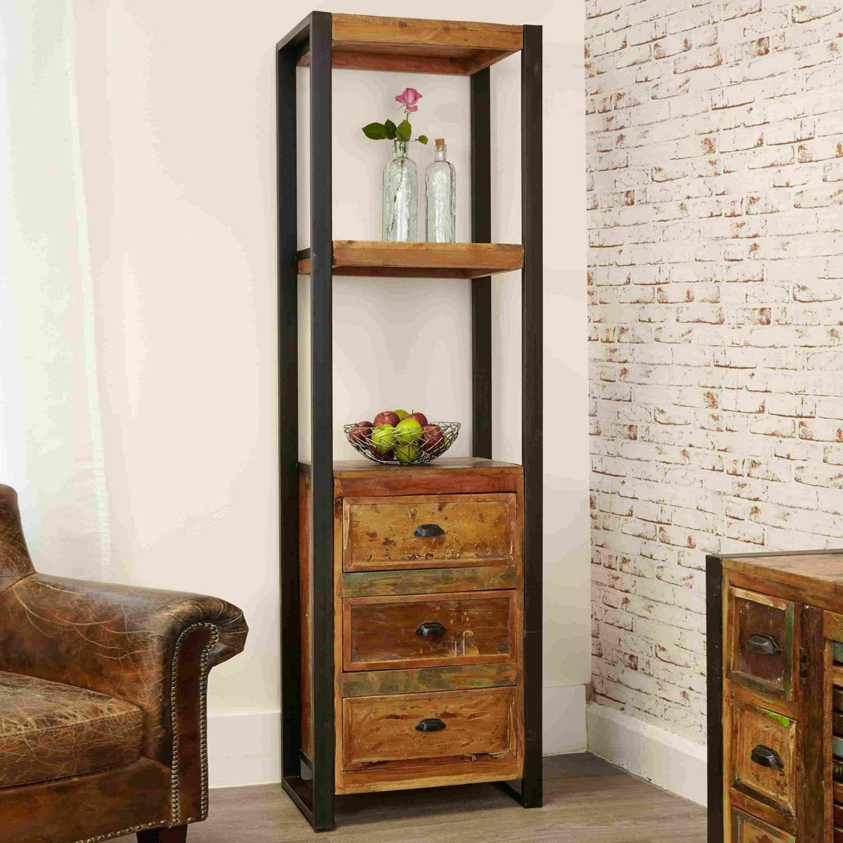 Aspen Reclaimed Wood Industrial 3 drawer tall Bookshelf stand 60x40x190cm