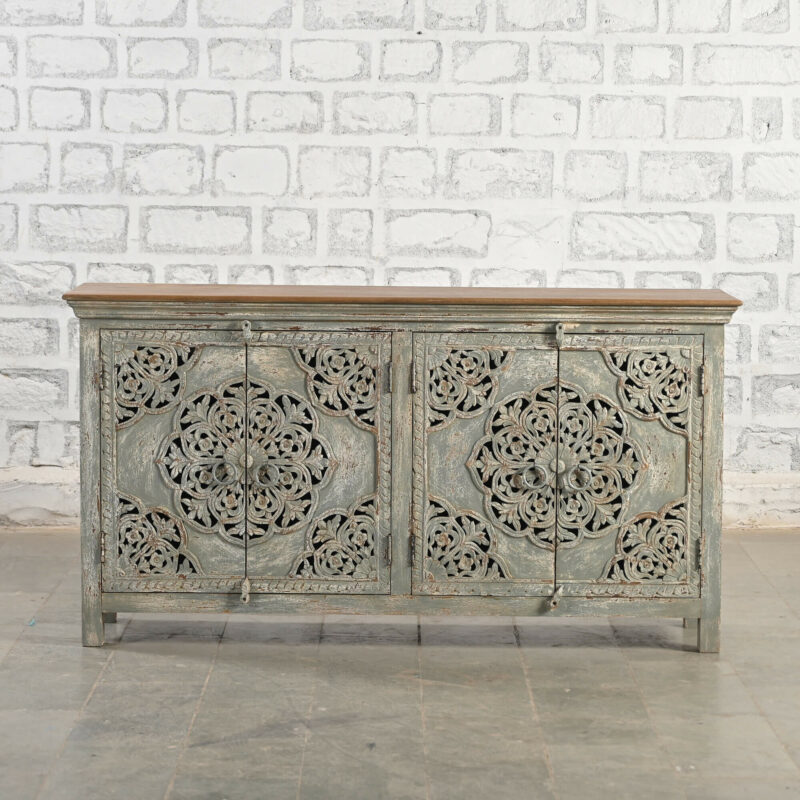 Indian Handmade Carved Mandala Solid Wood Sideboard Grey