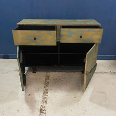 Indian Hand Carved Solid Wooden Old Door Buffet Cabinet Painted Sideboard 120x37x80cm