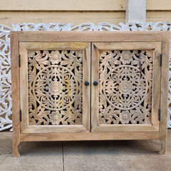 Indian Handmade Carved Wooden 2 Doors Cabinet Natural Color 100x40x80Cm