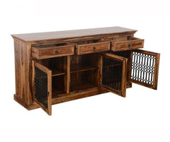 Indian Wooden Buffet Cabinet Sideboard With Jali Doors & Drawers Natural