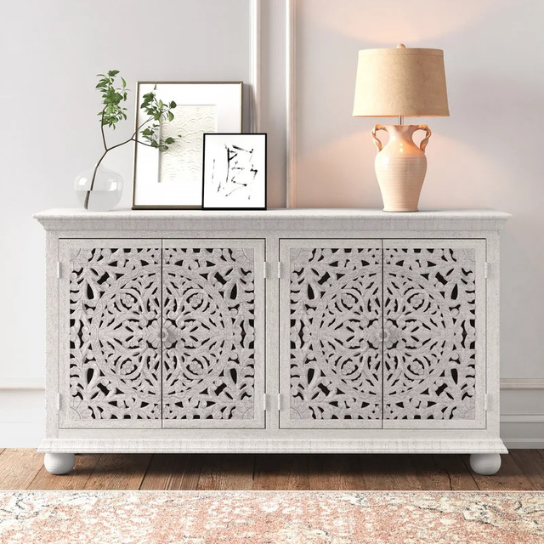 Carved Oasis Hand Carved Solid Mango Wood Floral Carvings Sideboard in White