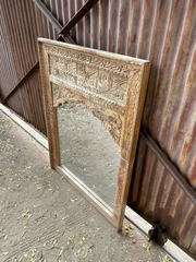 Indian Hand Carved Mehrab Solid Wood Wall Mirror Frame Natural 100x3x130cm